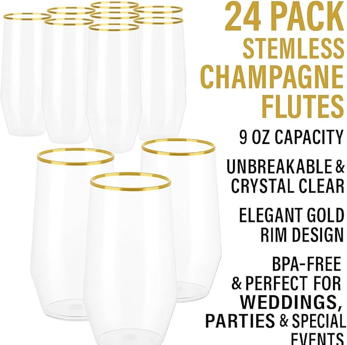 24 piece pack 9 oz Champagne Flutes Stemless Disposable cups Unbreakable Crystal Clear Plastic Mimosa Glasses Set of 24 ideal for Wedding Birthday (9 Ounce - Gold Rim)
