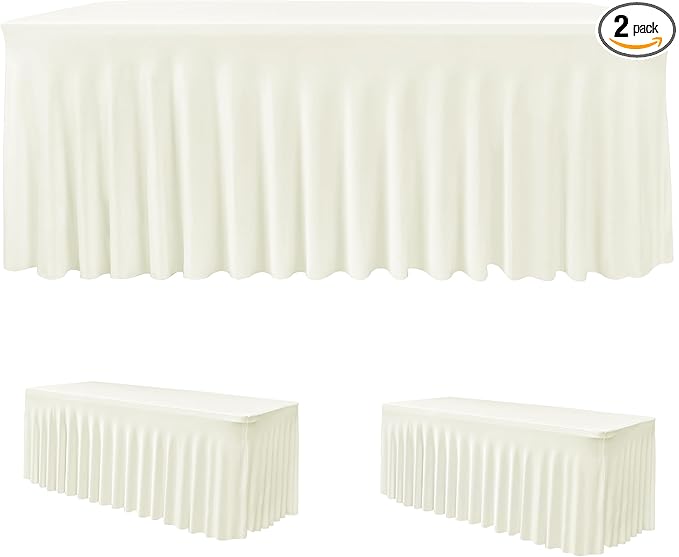 HolidayIdeas Stretch Pleated Spandex Table Skirts for 4 Foot Rectangle Tables, 2 Pack, Beige, Wrinkle-Resistant, Durable & Multi-Purpose Spandex Tablecloth for Weddings, Parties, Banquet