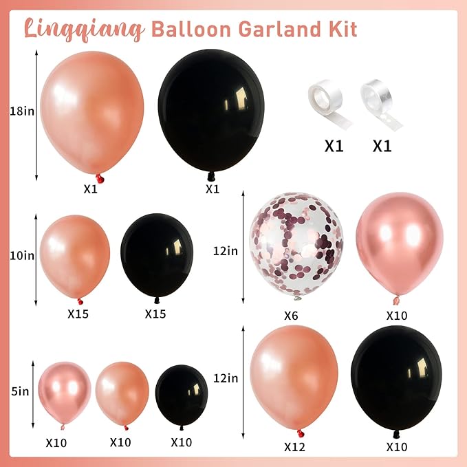 Rose Gold and Black Balloon Arch Kit, 102pcs Matte Black and Metallic Pearl Rose Gold Confetti Latex Balloons Garland Kit for Women Girls Birthday Baby Bridal Shower Wedding Party Decorations Supplies