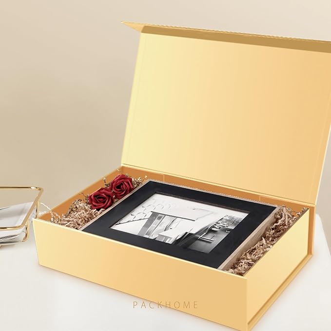 PACKHOME Extra Large Christmas Gift Box 17.5x11.3x4.3 Inches, Sturdy Shirt Box with Magnetic Lid for Clothes and Large Xmas Gifts (Glossy Gold)