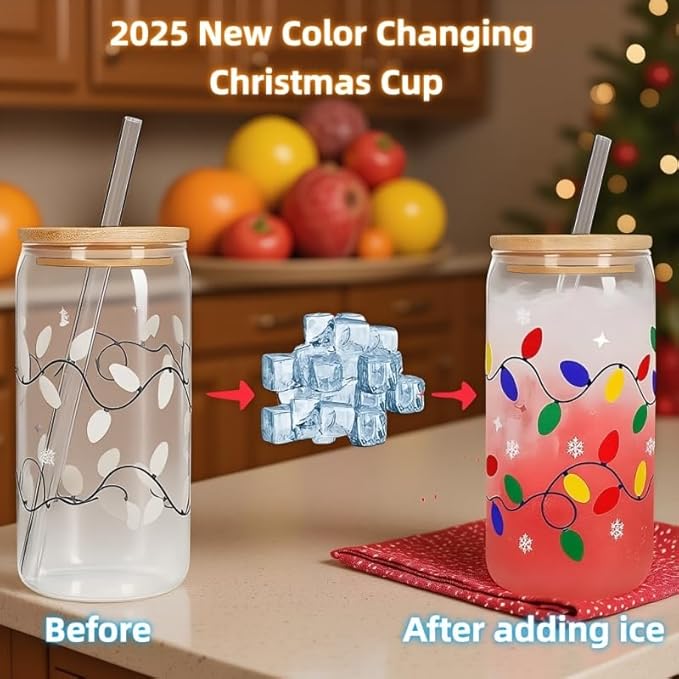 2026 Color Changing Christmas Cup,Color Changing Cups with Lids and Straws,18OZ Reusable Glass Lced Coffee Cups,Suitable for all Kinds of Cold Drinks,Surprises Christmas Gifts.
