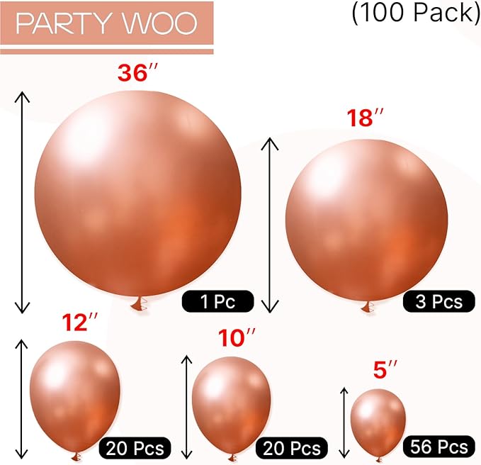 PartyWoo Metallic Rose Gold Balloons 100 pcs Different Sizes Pack of 36 18 12 10 5 Inch Chrome Rose Gold Balloon Arch Kit Garland for Wedding Engagement Birthday Party Decorations Rose Gold-G107