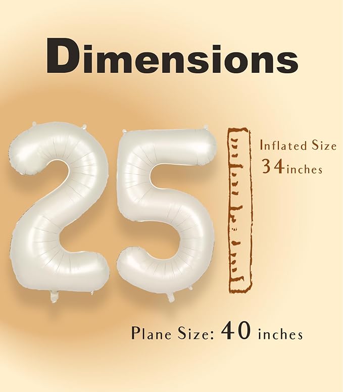 SUWEN 40 Inch Large Cream White 25 Balloon Numbers Big Foil Helium Number Balloons 0-9 Jumbo Happy 25th Mylar Birthday Party Decorations for Women or Men 52 Anniversary Party Supplies