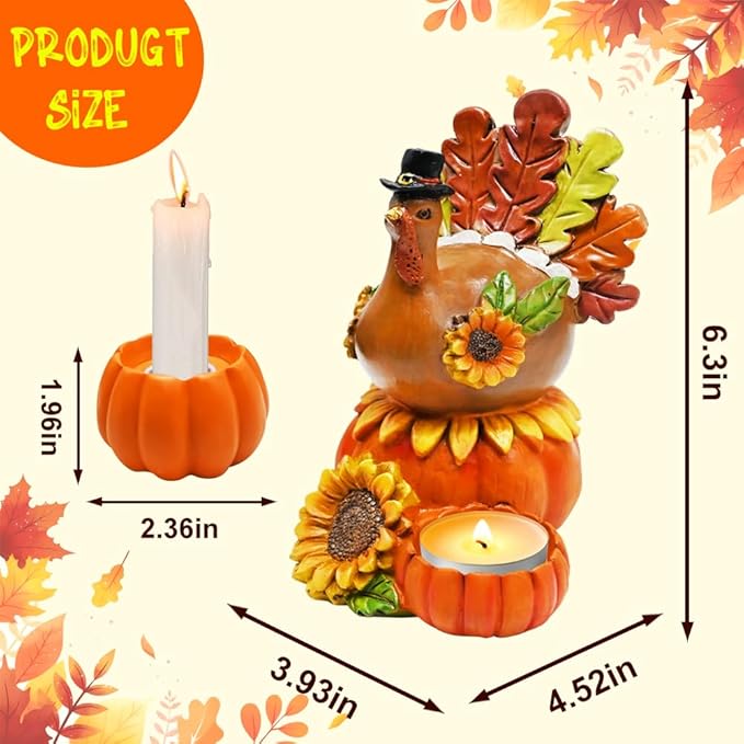 Thanksgiving Turkey Candle Holders, Table Centerpiece Decor for Thanksgiving, Resin Turkey with Pumpkin Fall Home Decor for Harvest Party Supplies