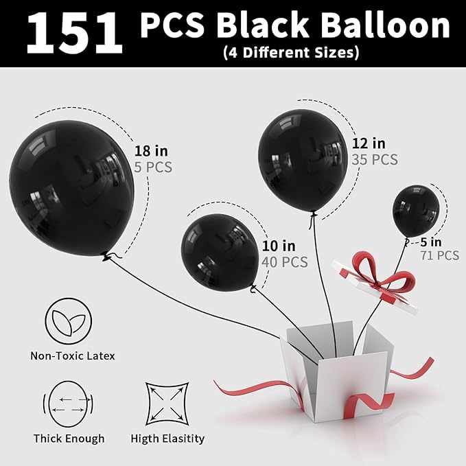 Labeol Halloween Balloons Black Balloons Different Sizes 151PCS 18/12/10/5 Inch Black Balloon Garland Arch Kit Quality Latex Balloons Decorations for Party Birthday Graduation Wedding