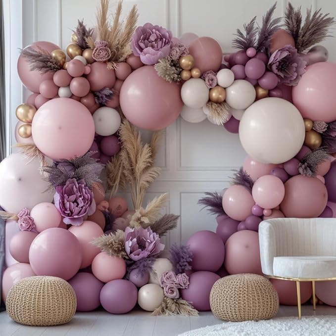 Dusty Purple Pink Balloon Garland Double Stuffed Boho Lavender Sand White Balloon Pastel Pink Lilac Gold Balloons Arch Kit for Wedding Birthday Bridal Baby Shower Floral Butterfly Party Decoration