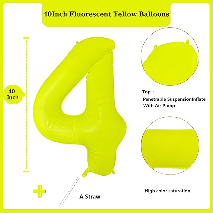 Fluorescent Yellow Number Balloon 40 inch Giant Foil Helium Balloons Yellow Number 4 Balloon for 4th Birthday Party Decorations