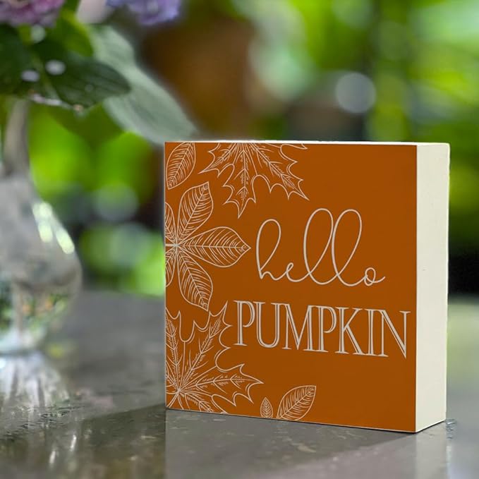 Fall Theme Sign Retro Farmhouse Fall Artwork Decor Autumn Harvest Thanksgiving Wooden Sign, Rustic Wood Maples Decorations for Indoor Outdoor Home Office Supplies (Hello Pumpkin)