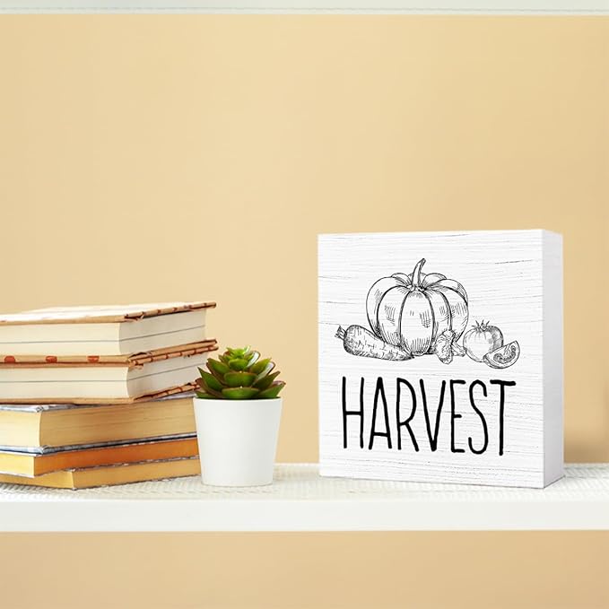 Funny Autumn Wood Box Sign Pumpkins Harvest Wooden Block Desk Decor for Home Office Kitchen Cubicle Table Shelf Tabletop,Farmhouse Fall Sign Decor