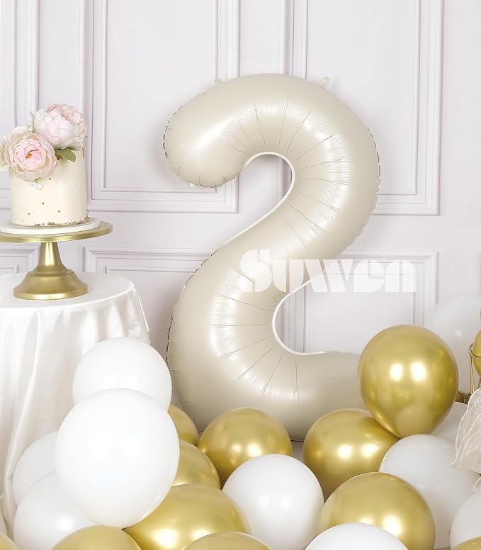 SUWEN 40 Inch Cream White Large 2 Number Balloons Big Foil Helium Number Balloons 0-9 Jumbo Happy 2nd Mylar Birthday Party Decorations for Boy or Girl Anniversary Party Supplies