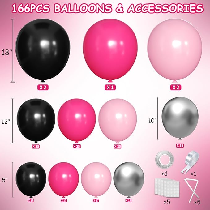 Hot Pink Black Silver Balloon Garland Arch Kit, 166Pcs Red Black Pink Silver Balloons for Birthday Graduation Baby Shower Wedding Anniversary Bachelorette Party Decorations