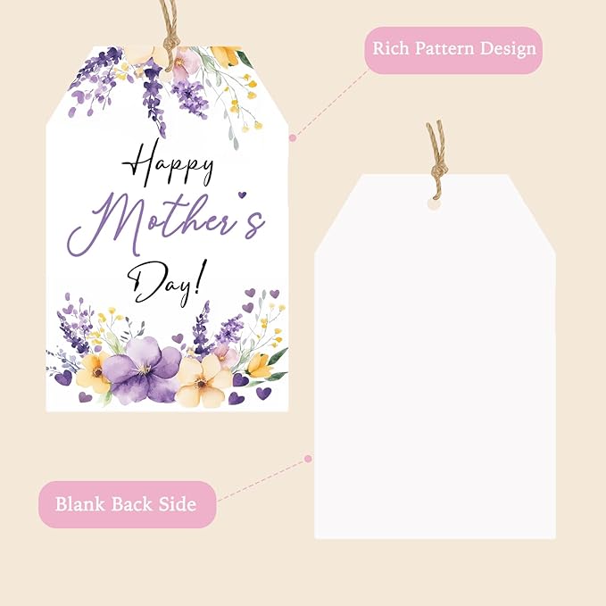 50PCS Mother’s Day Paper Tags with String, 2.2"x3.3" Floral Gift Tags for Mom, Purple Flower Design for Mother’s Day Gifts, Wrapping, and Party Favors