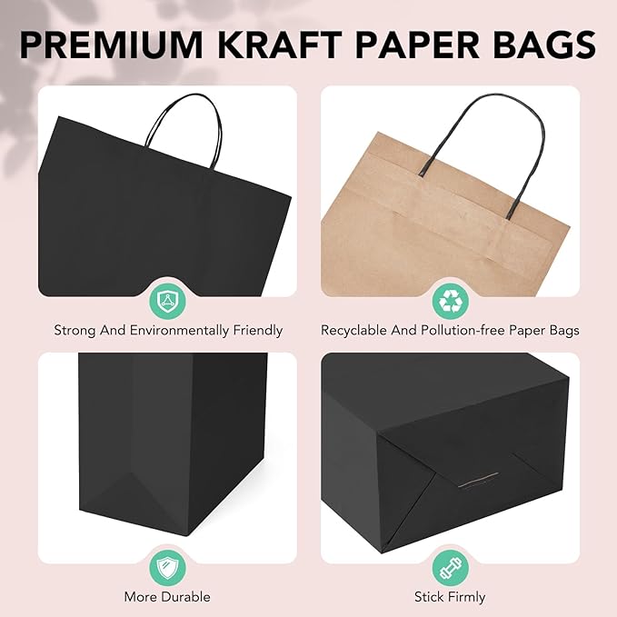 METRONIC 50 Pack 16X6X12 Inch Large Black Paper Bags, Kraft Gift Paper Bag with Handles, Shopping Bags for Small Business, Boutique, Gift Wrap, Bulk