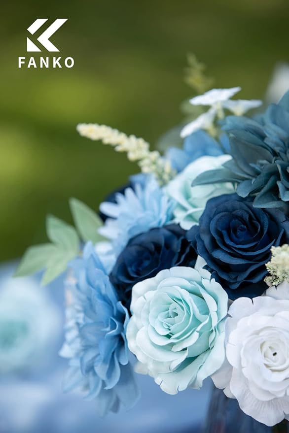 FANKO Rose Artificial Flowers Combo for DIY, Fake Blue Rose Silk Flowers Greenery, Faux Flowers for Wedding Bridal Bouquet, Baby Shower, Table Centerpieces, Floral Arrangement, Party Home Decoration