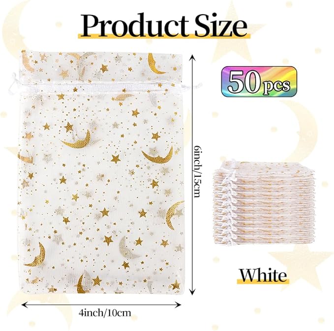 Moon Star Organza Bags 4x6 Small Mesh Bag Drawstring 50 Pcs Mesh Gift Bags Drawstring Pouch Wedding Favor Bags Jewelry Pouches Bulk Gift Pouch for Candy Soaps Birthday Festival Party Supplies, White