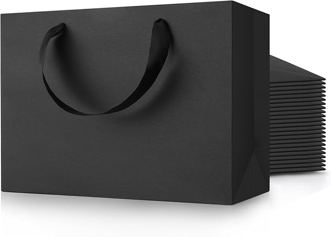MOXARYSU Medium Large Black Gift Bags: 12.6x4x8.7 Inch 24pcs Black Paper Bags Bulk For Party Shopping Birthday Wedding (ML,24)