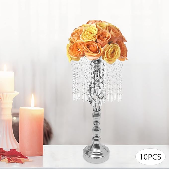 Wedding Centerpieces Gold Vases,10PCS Metal Flower Candle Holder with Sparkling Crystal Beads,Crystal Flower Vase Metal Flowers Stand for Party Tables Decorations (Sliver-10PCS-14CM)