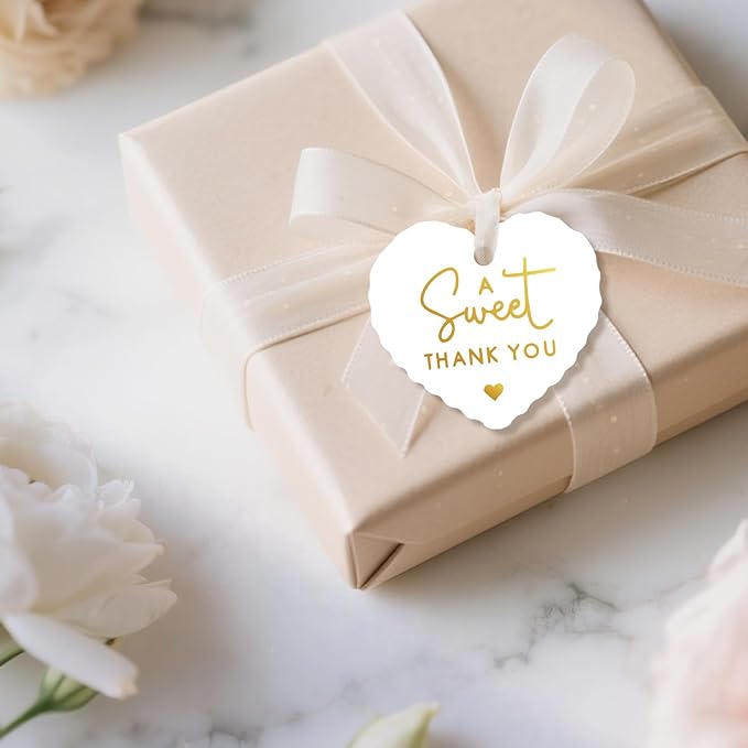 50pcs Gold Foil Thank You Tags with String, Pre-Punched Hole Gift Tags with String - Perfect for Weddings, Baby Showers, Parties, Celebrations - A Sweet Thanks You(2.36"*2.16")