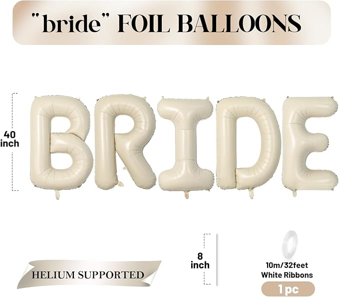 Biapian 40 Inch BRIDE Letter Balloons, Big Cream BRIDE Foil Balloons, 5 Pcs Giant Foil Large Aluminum Balloon Helium for Wedding Bridal Shower Anniversary Engagement Bachelorette Party Decoration