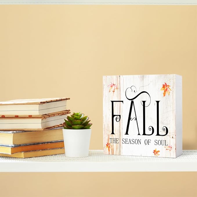 Funny Autumn Maple Leaves Wood Box Sign Fall The Season of Soul Wooden Block Desk Decor for Home Office Kitchen Cubicle Table Shelf Tabletop,Farmhouse Fall Sign Decor