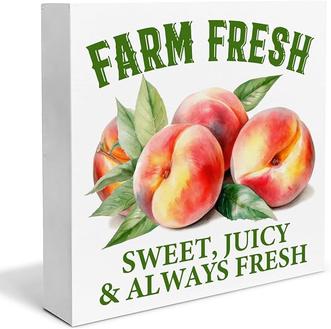 Peach Decor Farmhouse Summer Wood Block Sign Summer Decorations for Home Desk Table Shelf 5 x 5 Inches