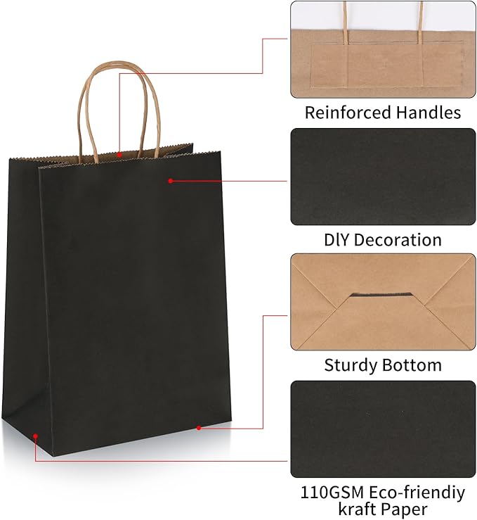 Joybe 300 Pack 6x3.25x8 Inch Small Black Paper Bags with Handles Bulk, Kraft Paper Gift Bags for Birthday Party Favors Grocery Retail Shopping Business Goody Merchandise Craft Blank Sacks (300pcs)