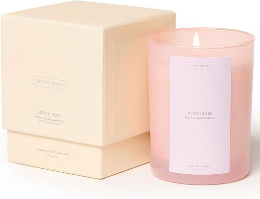 Rose & Sandalwood Scented Candle | 11oz, 60 Hour Burn | Natural Soy Wax, Cotton Wick | Fall & Holiday Candles | Christmas Scented Candles for Home | Benevolence LA Sun-Kissed Collection - Beach Rose