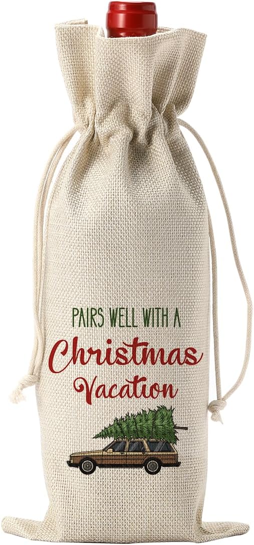 Christmas Vacation Wine Bag, Pairs Well With Christmas Vacation Wine Bottle Cover, Merry Xmas Holiday Party Decorations, Xmas New Year Vacation Gifts