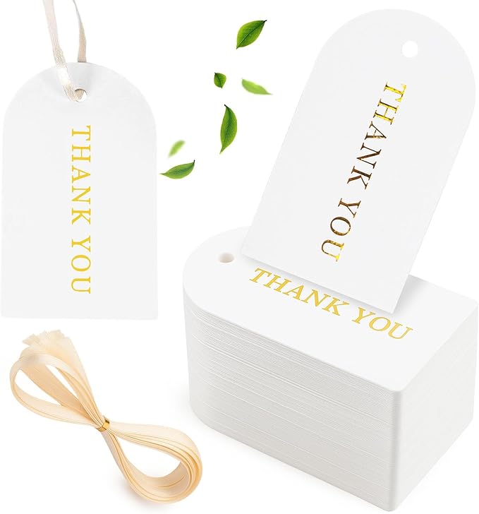 SallyFashion 120PCS Thank You Gift Tags, White Gold Stamping Tags Hanging Labels with Ribbon for Party Favors Birthday Baby Shower White