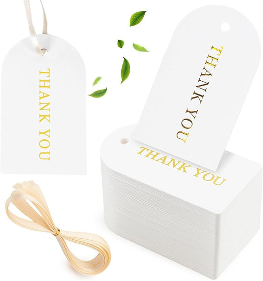 SallyFashion 120PCS Thank You Gift Tags, White Gold Stamping Tags Hanging Labels with Ribbon for Party Favors Birthday Baby Shower White