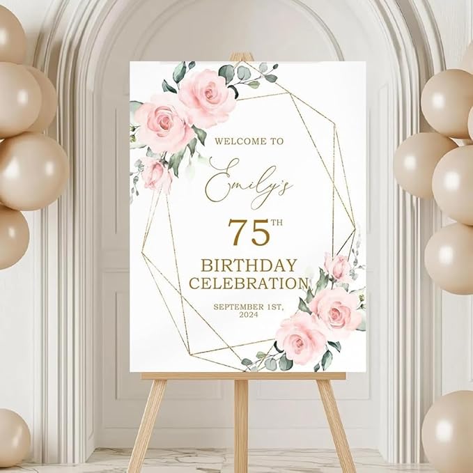 Blush Pink Flowers & Gold Frame Birthday Welcome Sign | EDITABLE Template | Boho Pink Rose Birthday Sign | Printable Large Birthday Poster, welcome sign for birthday parties