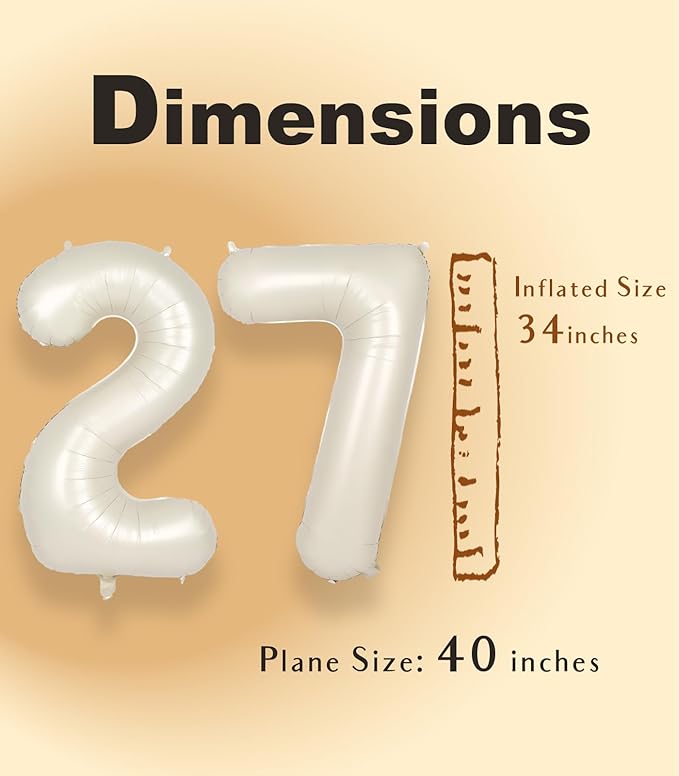 SUWEN 40 Inch Large Cream White 27 Balloon Numbers Big Foil Helium Number Balloons 0-9 Jumbo Happy 27th Mylar Birthday Party Decorations for Women or Men 72 Anniversary Party Supplies