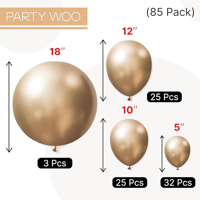 PartyWoo Chrome Gold Balloons 85 pcs Metallic Balloons Different Sizes Pack of 18 12 10 5 Inch Gold Balloon Arch Kit Balloon Garland for Birthday Christmas Baby Shower Party Decorations Gold-G127