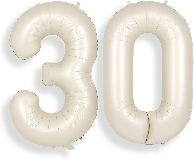 SUWEN 40 Inch Large Cream White 30 Balloon Numbers Big Foil Helium Number Balloons 0-9 Jumbo Happy 30th Mylar Birthday Party Decorations for Women or Men Anniversary Party Supplies