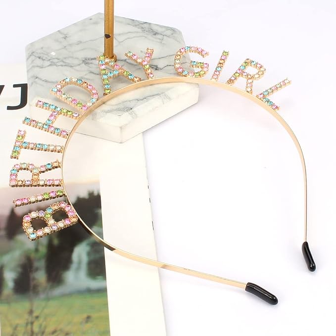 AOPRIE Birthday Girl Headband Tiara for Women & Girls - Happy Birthday Princess Crown Rhinestone Accessory, Gold Colorful