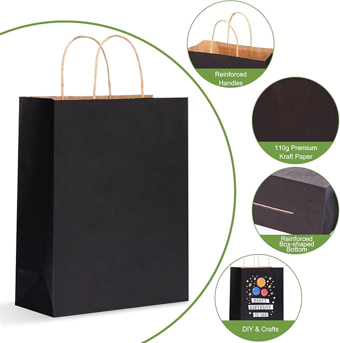 OUTUXED 100pcs Black Paper Bags 10x5x13in Kraft Large Paper Gift Bags with Handles Bulk for Business, Shopping, Grocery, Retail, Birthday Wedding Party Favor, Merchandise