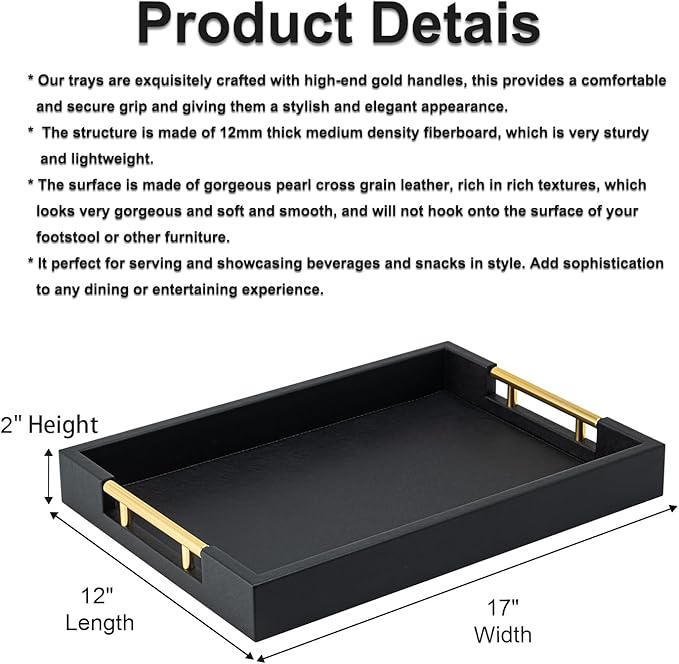 Black Rectangle Serving Tray with Gold Handles for Party,Large Wood Decorative Tray for Ottoman,Faux Leather Coffee Table Tray Decor