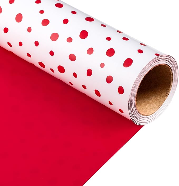 Burymento Red Lrregular Wave Point Wrapping Paper, Reversible Gold Gift Wrap for Birthday, Valentines, Mothers day, Graduation, Wedding, Fathers day, Baby Shower, Christmas (17in x 16.4ft)