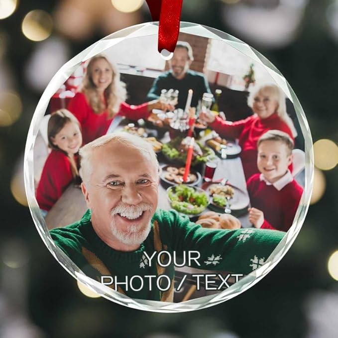 Personalized Round Christmas Crystal Glass Ornaments Custom 2025 Photo Ornament for Christmas Tree Decor Customized Xmas Tree Hanging Gifts for Family