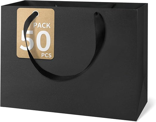Black Gift Bags With Handles, 12.5x4.5x11 Inch Sturdy Kraft Paper Gift Bags 50 Pcs, Bulk for Wedding, Party, Birthday, Business and Shopping, Large Size