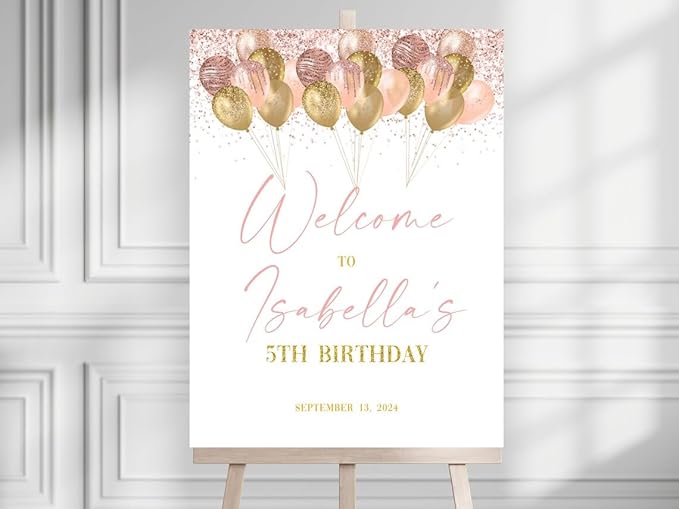 Gold and Pink Birthday Welcome Sign Template Editable Balloons Birthday Printable Blush Pink Sign Birthday Party Decor Poster, birthday decorations, birthday Sign