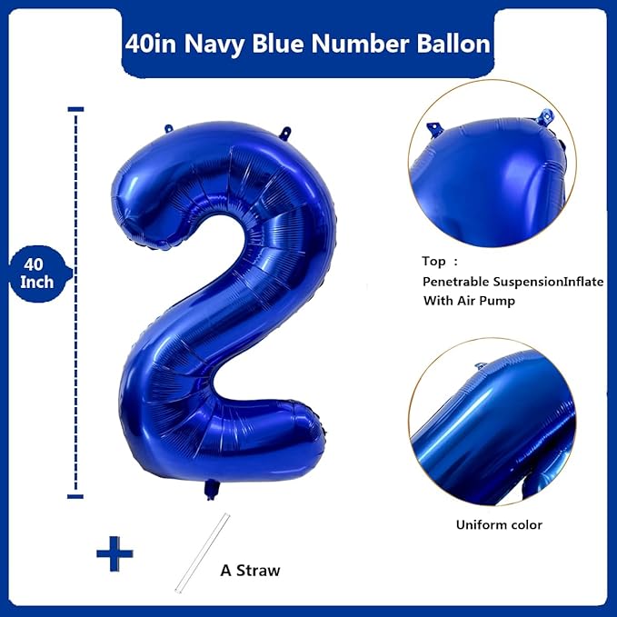 40 inch Navy Blue Number Balloon Dark Blue 2 Balloons Giant Foil Helium Balloons Blue Number 2 Balloon for 2nd Birthday Party Decorations