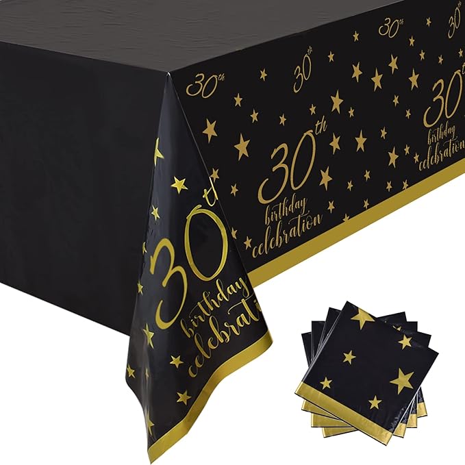 Gatherfun 30th Birthday Disposable Tablecloth 4 Pack Gold and Black Waterproof Plastic Table Cover for Men Woman 30 Birthday Party Decorations