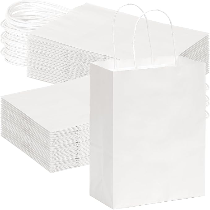OUTUXED 120pcs Gift Bags - White Kraft Paper Bags with Handles, Medium Size 7.1x3.6x9.3in - Perfect for Parties and Businesses