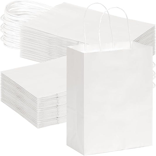 OUTUXED 120pcs Gift Bags - White Kraft Paper Bags with Handles, Medium Size 7.1x3.6x9.3in - Perfect for Parties and Businesses