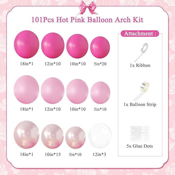 Hot Pink Balloon Arch Kit 101Pcs Double Stuffed Pearl Pink Light Pink Clear Balloon Different Size for Princess Wedding Birthday Baby Shower Bachelorette Party Decorations