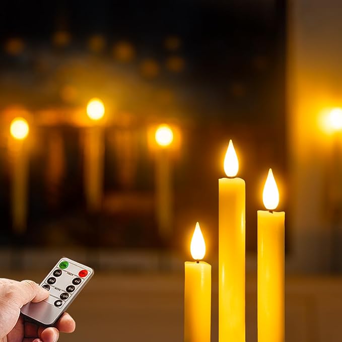 Homemory Real Wax Window Candles with Remote Timer Dimmer, Flameless Taper Candles with Holders, Christmas Candle for Window Battery Operated, LED Candlesticks for Home Holiday Decor,6 Pcs Ivory