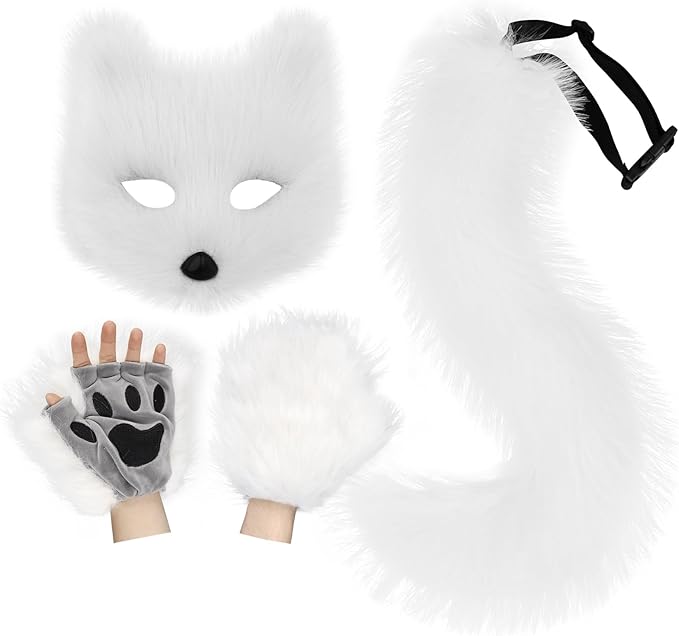 HAOAN Furry Fox Mask Wolf Fox Tail and Paw Gloves Set Adult Cat Halloween Mask Cosplay Animal Party Costume