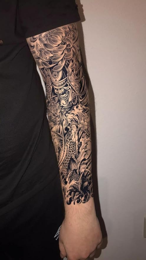INKARTLINK Semi Permanent Tattoo, 2 Pieces Full Arm Large Size Art Party Tattoo, Comes with a Pair of Anti-Transfer Sleeves, Lasts 7-15 Days, Waterproof (Warring States Daimyoji Soul)