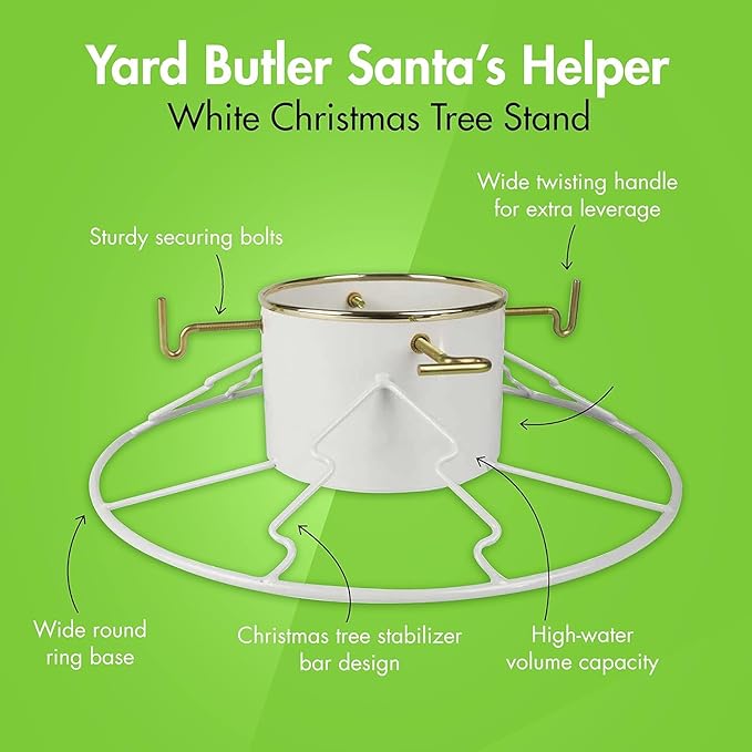 Yard Butler Santa's Helper Christmas Tree Stand - Heavy-Duty Christmas Tree Stand - Metal Stand Base for Live Christmas Tree - Durable & Weighted Christmas Tree Base - for 3–6' Trees - White